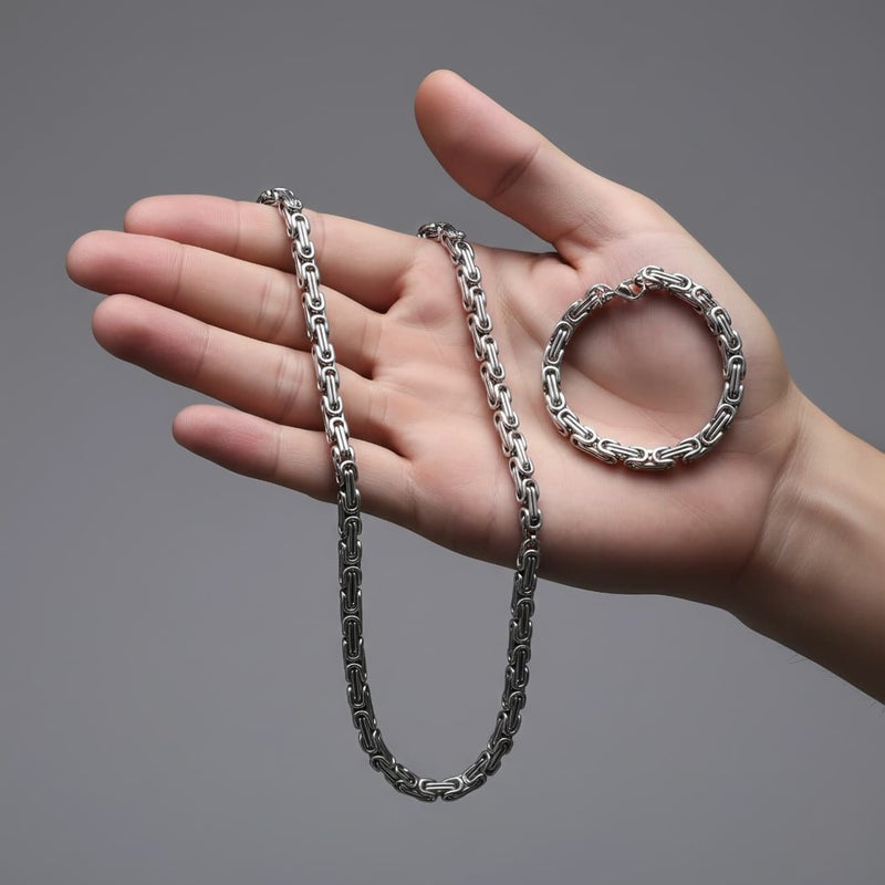 Half set for men (chain + bracelet) in silver with a luxurious royal design, made of rust-resistant stainless steel, giving you an attractive look at all times. - Image 5